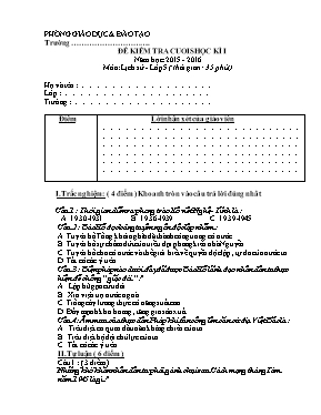 Đề kiểm tra cuối học kỳ I môn Lịch sử Lớp 5 - Năm học 2015-2016